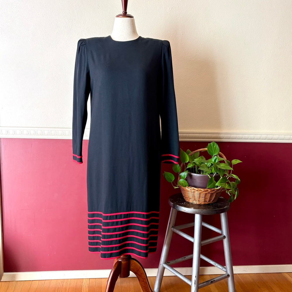 David Warren Vintage 80s Black Red Stripe Wool Blend Button Back Midi Dress 14